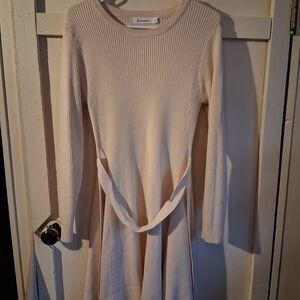 Elegant Cream Ribbed Midi Dress